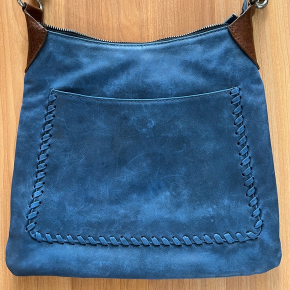 Laggo Blue Leather Crossbody Bag Whipstitch Pocket Boho Hobo Shoulder - Picture 3 of 16